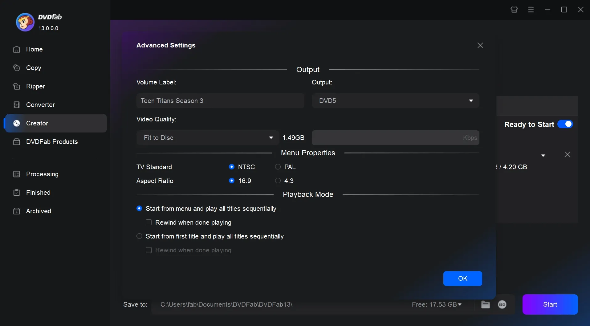 Advanced settings in DVDFab DVD Creator