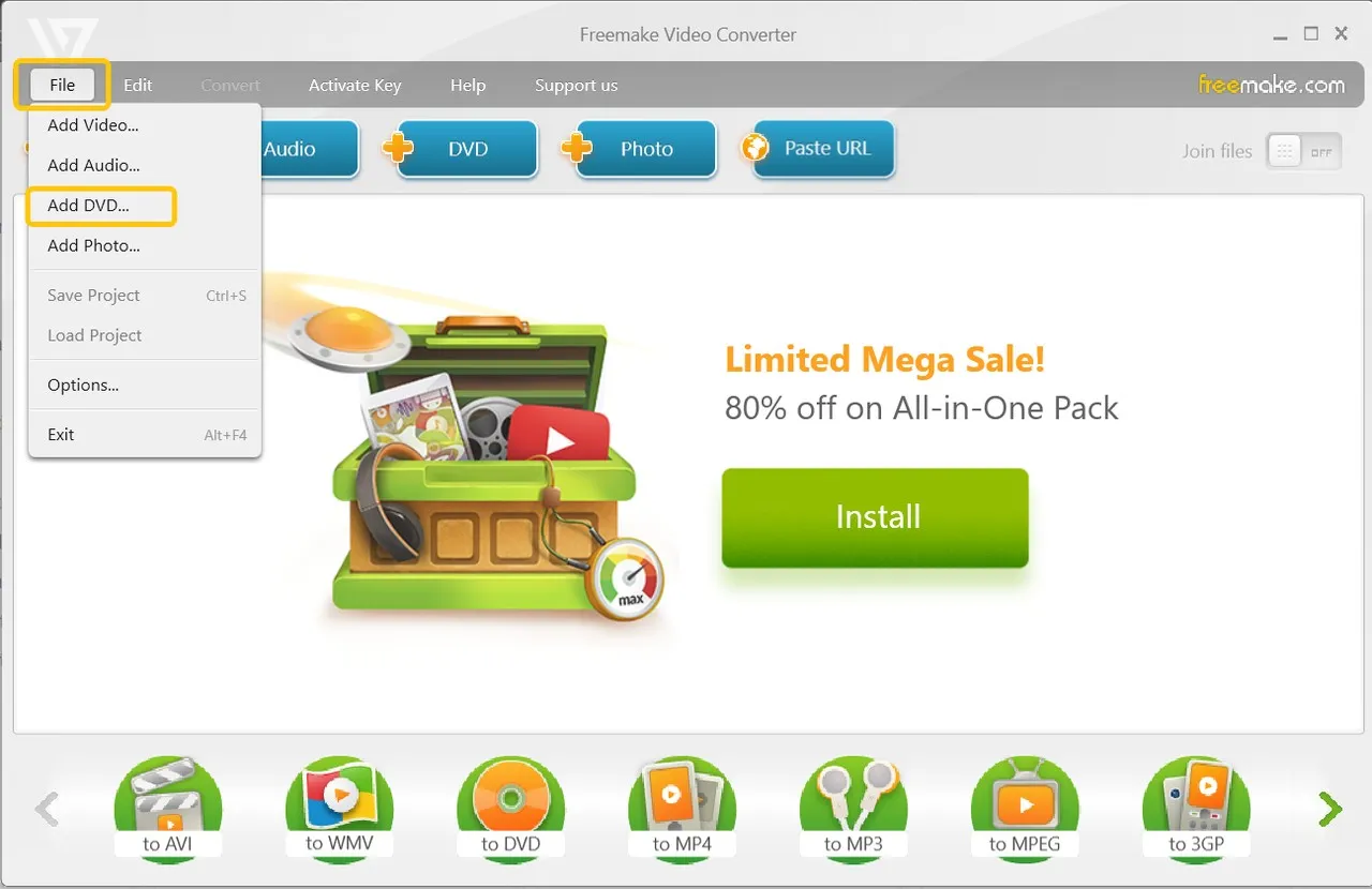 Launch Freemake DVD Ripper and load your DVD source