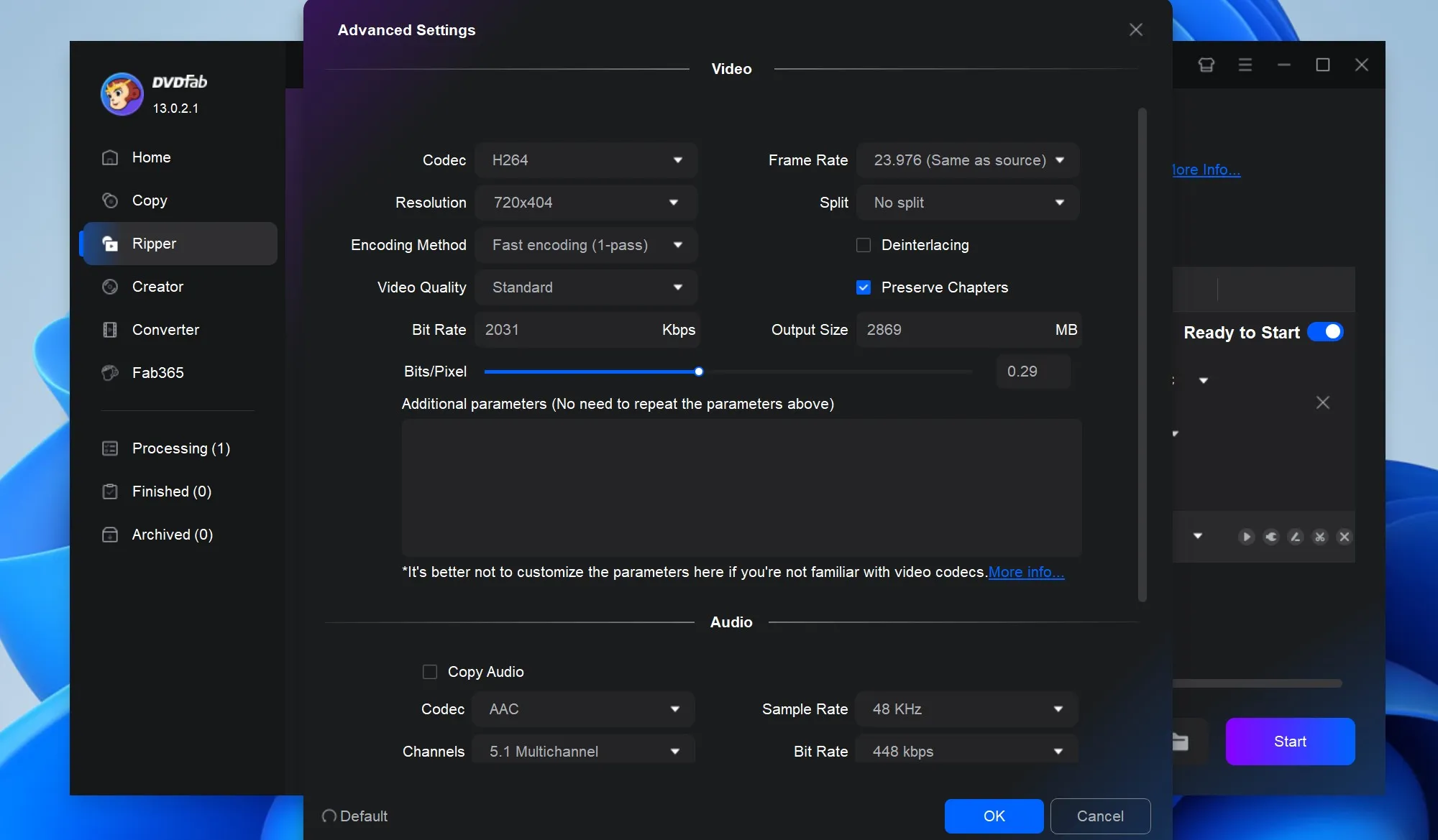 Adjust output video and audio parameters