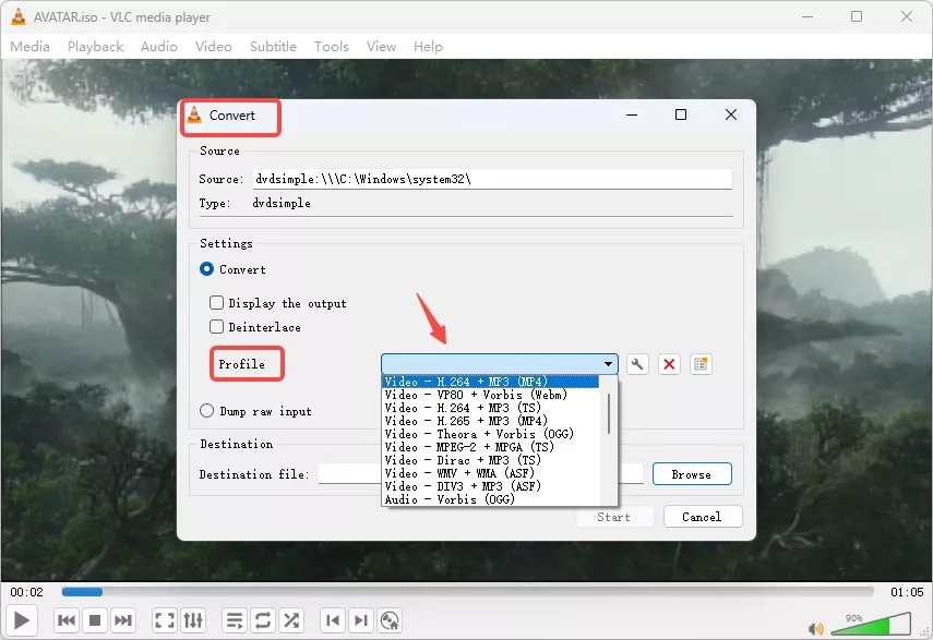 Select Video - h.264 + MP3(MP4) and start to rip your DVD with VLC