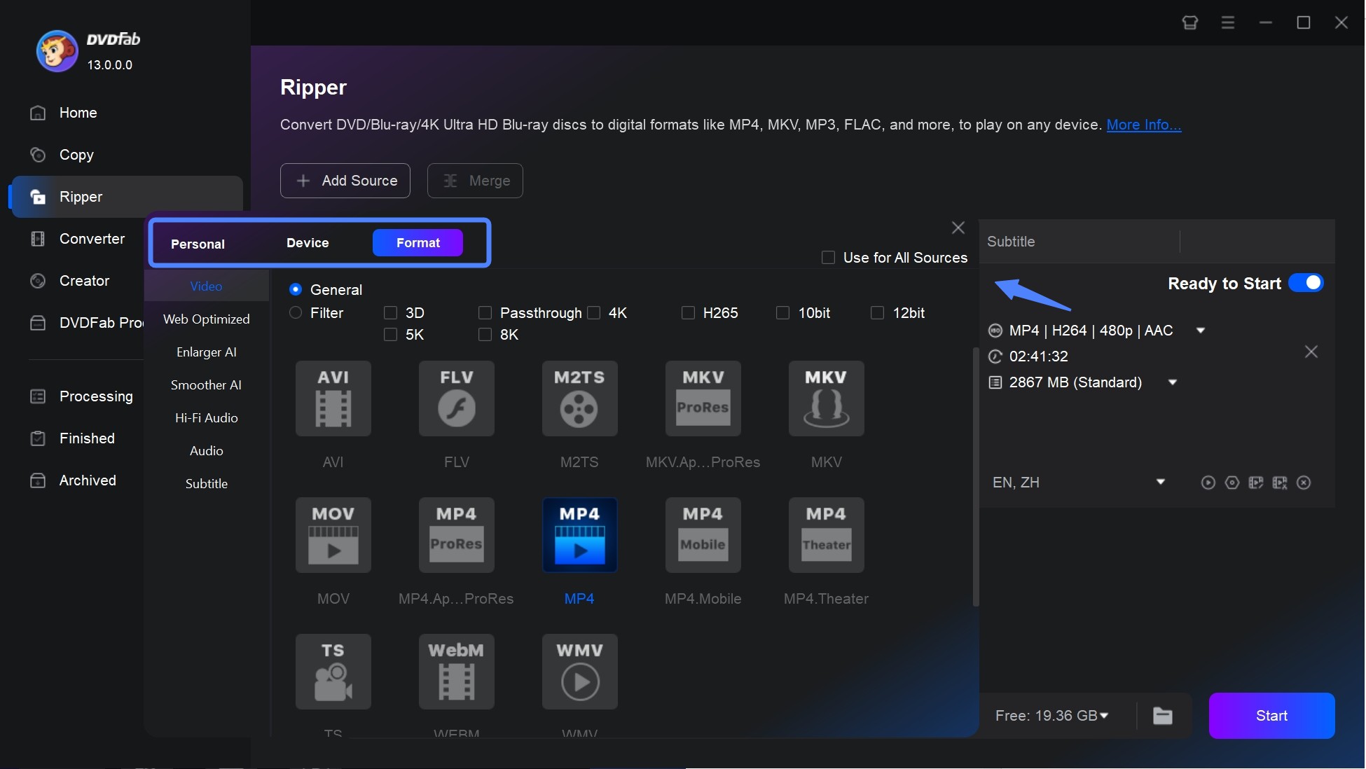Choose MKV or MP4 Profile in DVDFab Blu-ray Ripper