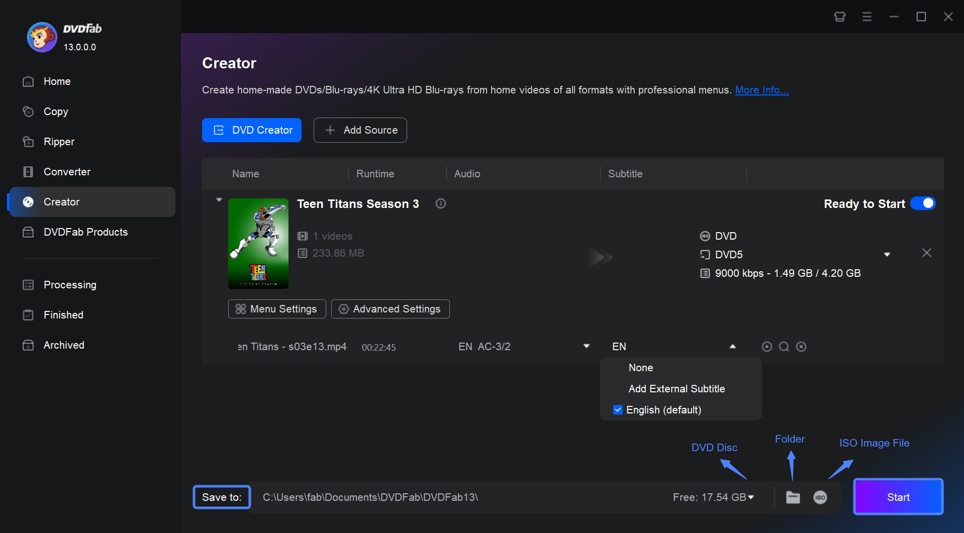 DVDFab DVD Creator: Step 3: Select an Output Directory and Start to Convert MP4 to DVD