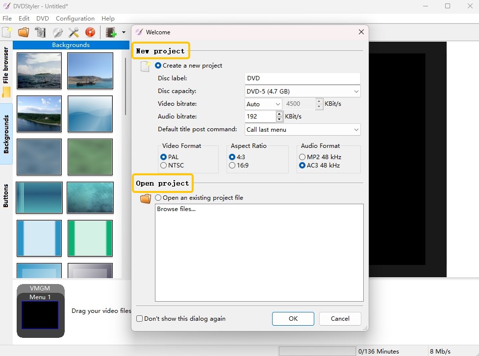 DVD Styler: Step 1: Open DVDStyler and Create a New Project