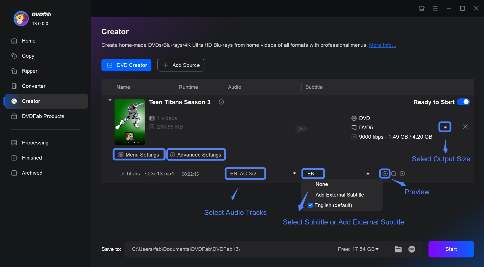 DVDFab DVD Creator: Step 2: Customize You Own DVD and Make DVD Menu