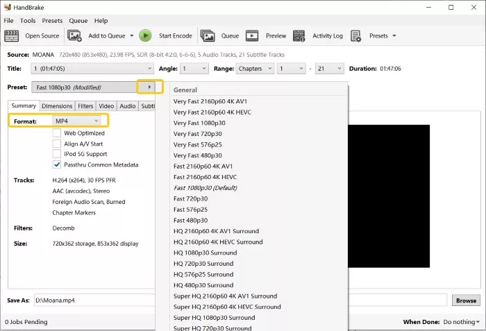 Start encoding DVD to MP4 using HandBrake