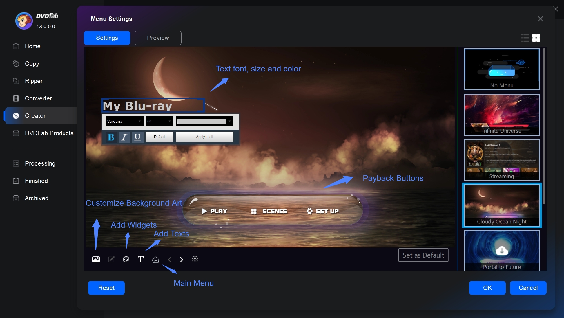  set the Blu-rays menu using DVDFab Blu-ray Creator