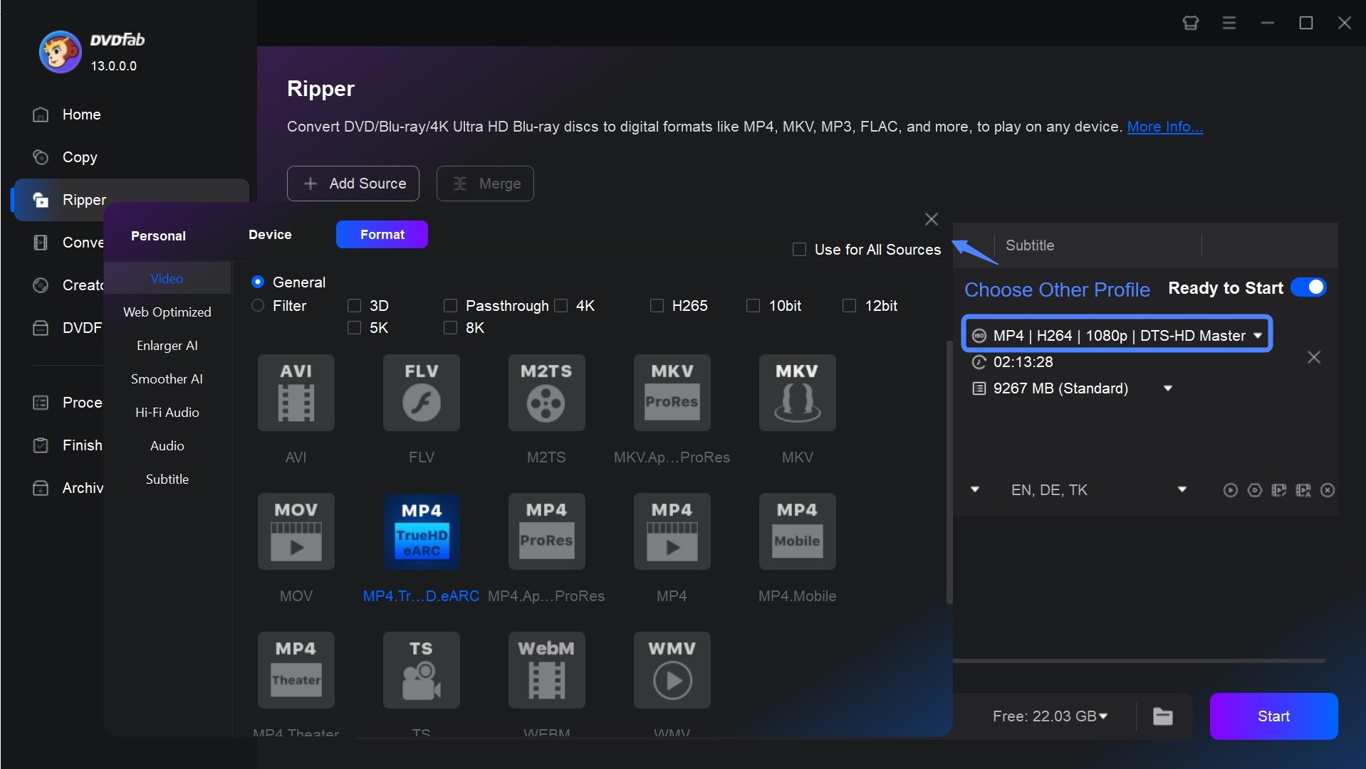 Choose output format in DVDFab Ripper module